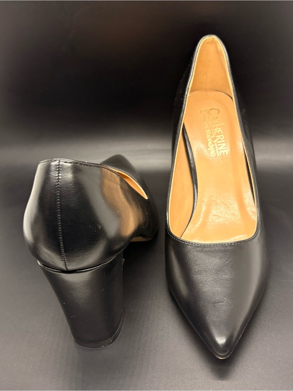 Catherine Malandrino Black Leather Pointed Toe Block Heels